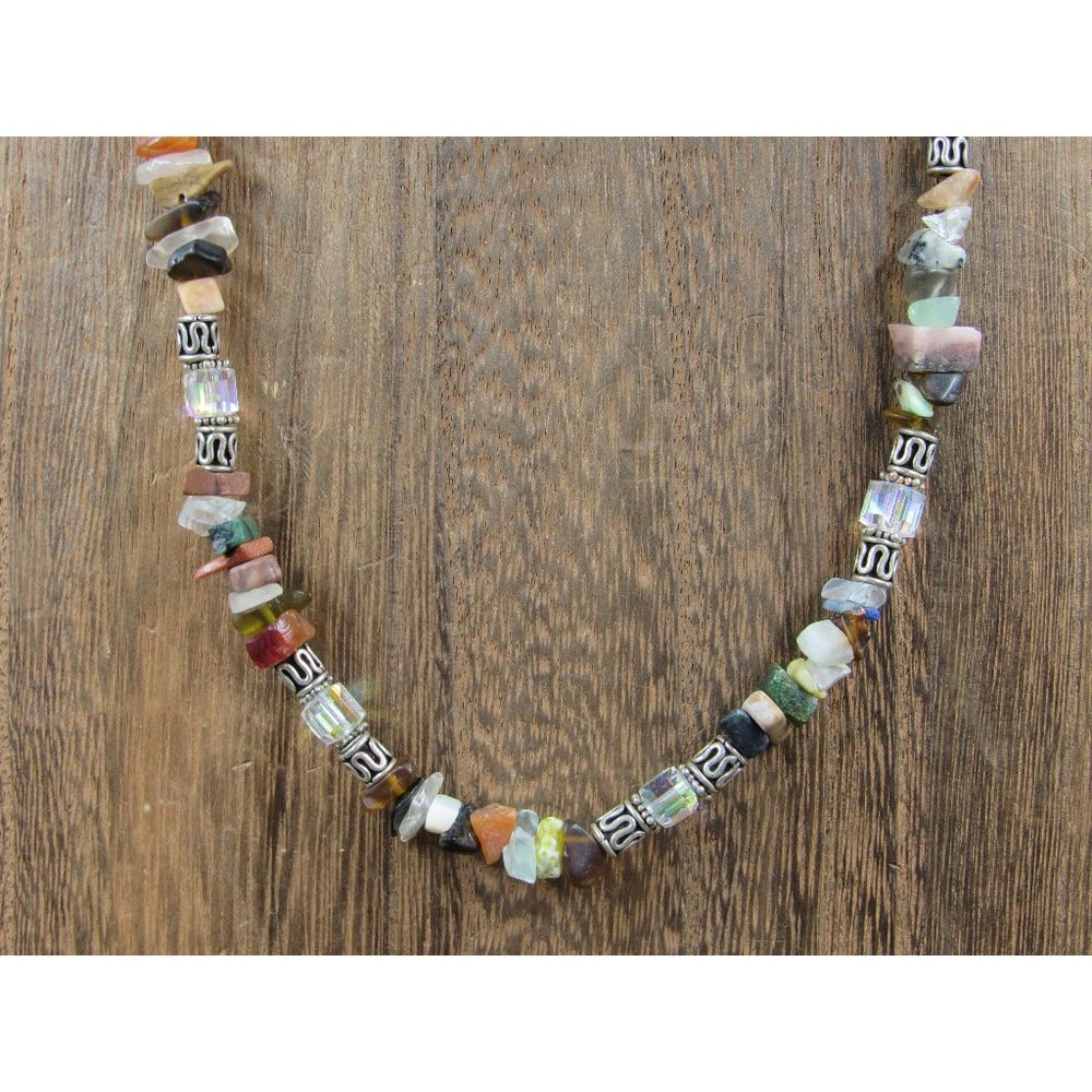 18" Sterling Silver Tribal Style Stacked Stone Chips Necklace Vintage Minimalist